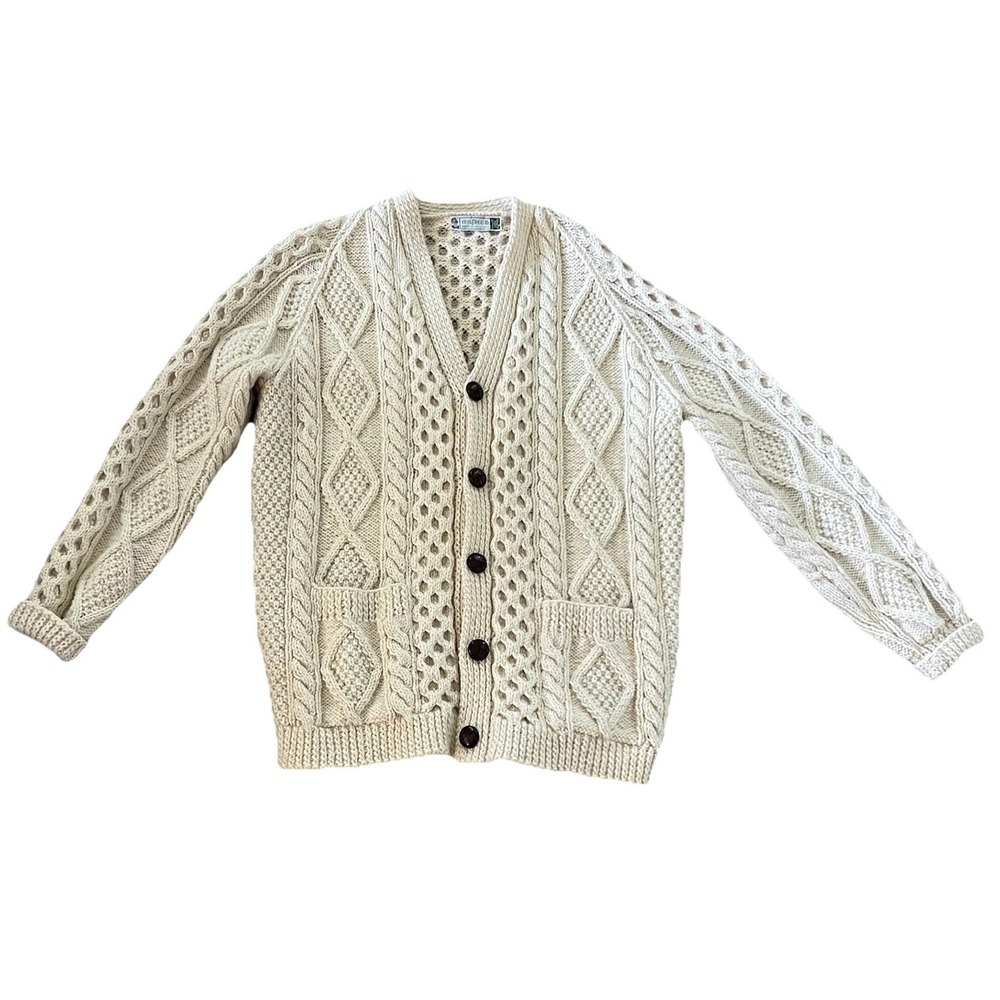 Vtg Irisfree Irish Wool Aran Cable Knit Cardigan Sweater Cream Ireland Fisherman
